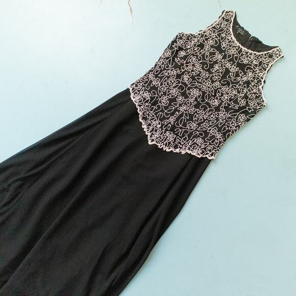 Jkara Black White Beaded Bust Sleeveless Formal Ankle Fit Flare Dress Size 6 - Picture 1 of 10